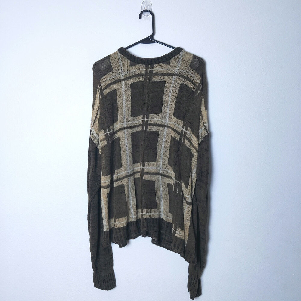 Vtg 90s Cambridge Classics Slouchy Burnout Grunge Sweater Medium Green Squares